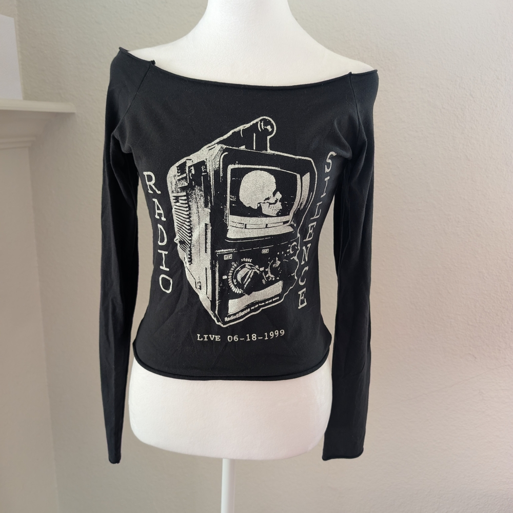 Brandy Melville Black Long Sleeve off Shoulder Radio Silence Graphic Tee Line